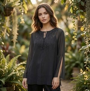 Vintage Allison Taylor Silk Embroidered Blouse Black Sheer Boho Top Womens L New